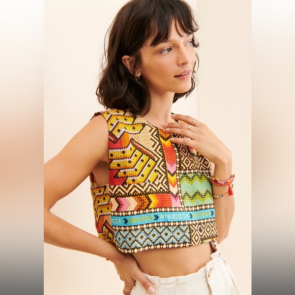 NWT FARM RIO Banana Scarves Linen Crop Top - Picture 2 of 16